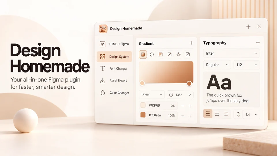 Warm cream-and-caramel illustration of the Design Homemade toolkit, featuring gradient and typography panels